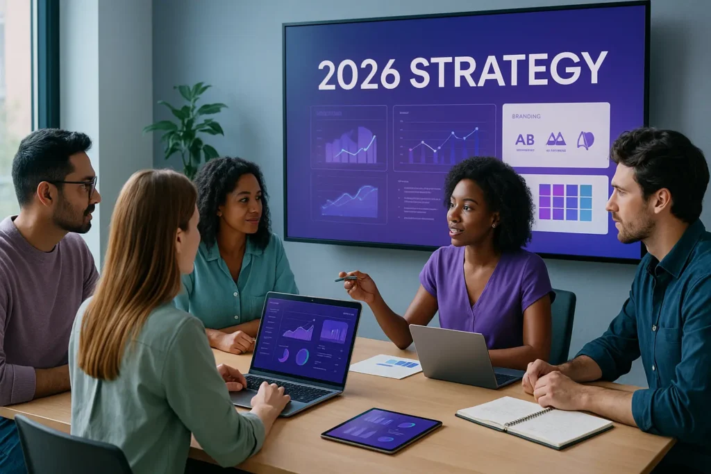 A diverse team of designers and strategists is gathered around a bright desk, reviewing digital dashboards, branding visuals, and notes on a large screen showing “2026 Strategy.