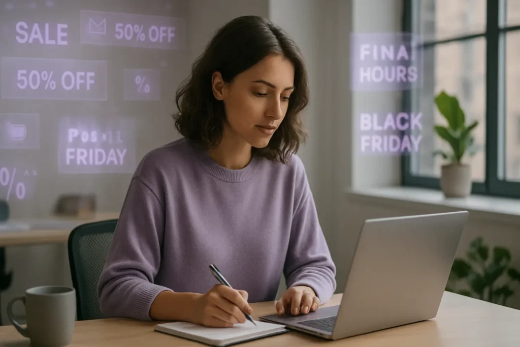 Small business owner reviewing Black Friday marketing plan with laptop and coffee.