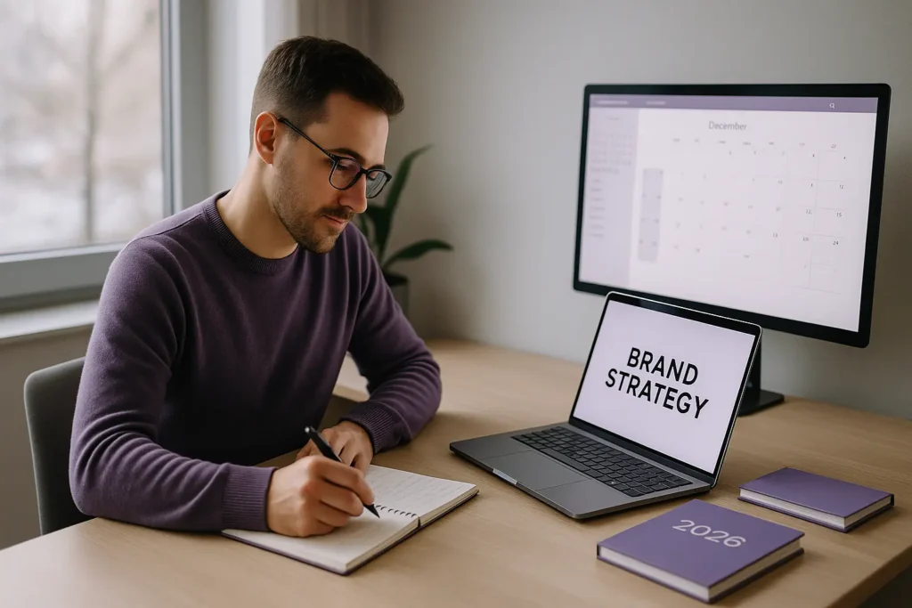 creative professional sitting at a clean modern desk in a softly lit office, reviewing brand strategy notes on a laptop or notebook