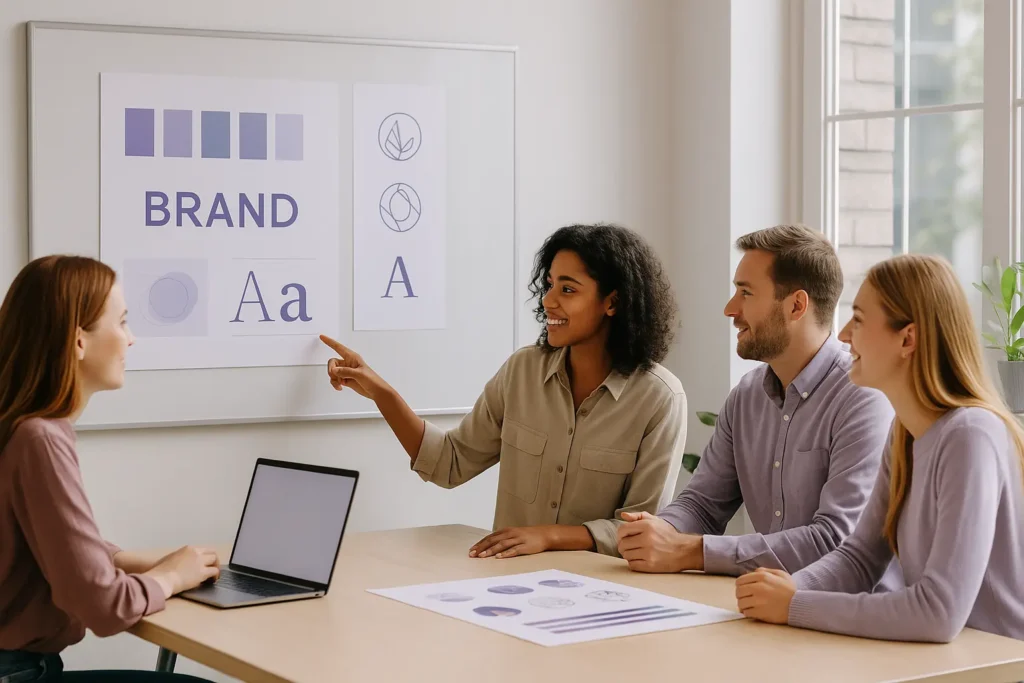 Creative team reviewing brand strategy plans for the new year.