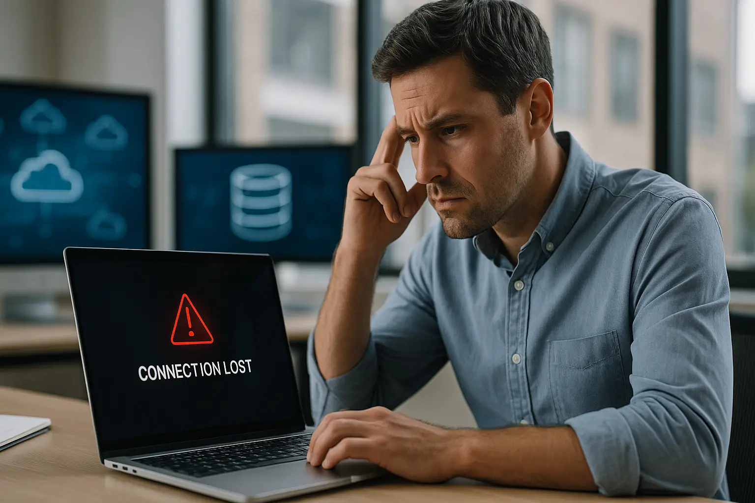 small business owner looking concerned while checking their laptop screen that shows a network outage or “connection lost” message