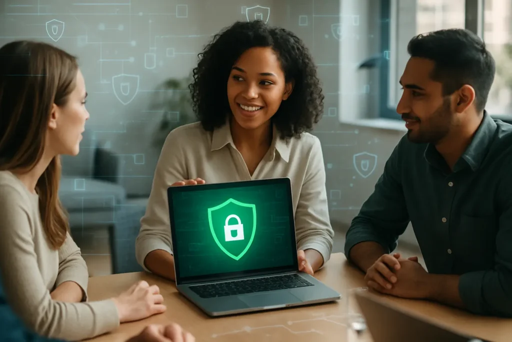 Small business owners working on laptops during a meeting, discussing cybersecurity lessons from the AWS outage.