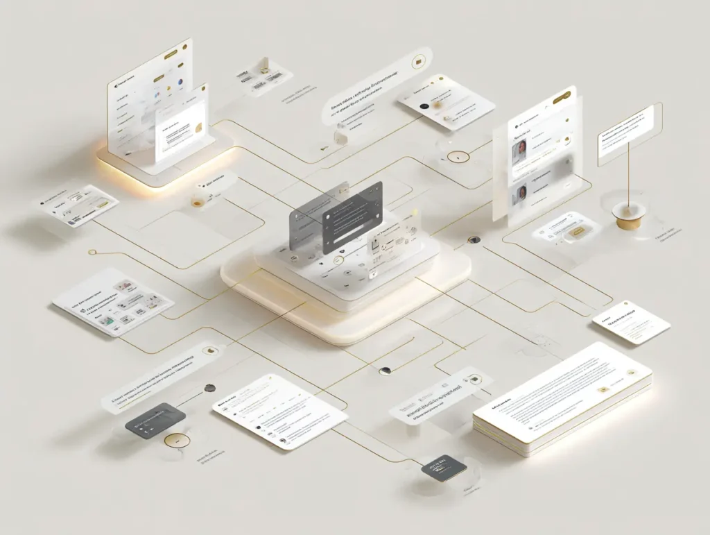 Modern website UI layout illustrating the evolution from SEO to generative engine optimization with interconnected content blocks.
