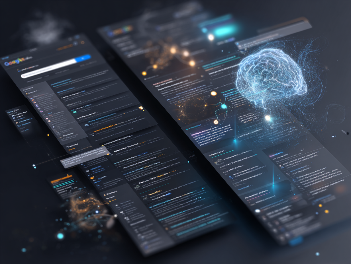 Futuristic dark-themed interface showing the decline of traditional SEO with AI and brain-powered generative search results.