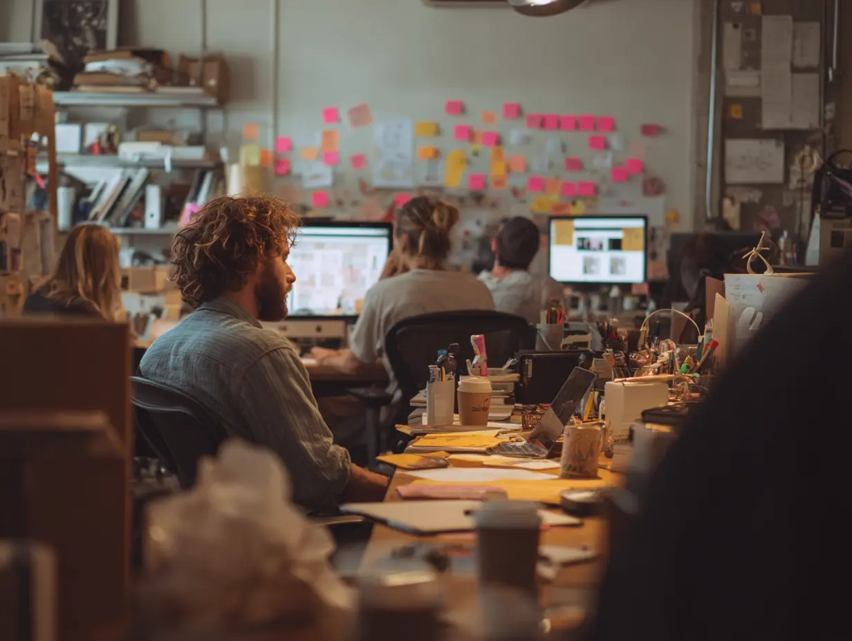 office, probably a web design agency, or branding one, with employees, and their laptops open. They have lots of things in front of them, like notebooks, pencils, coffee, which shows that nothing is perfect and shouldn't be.