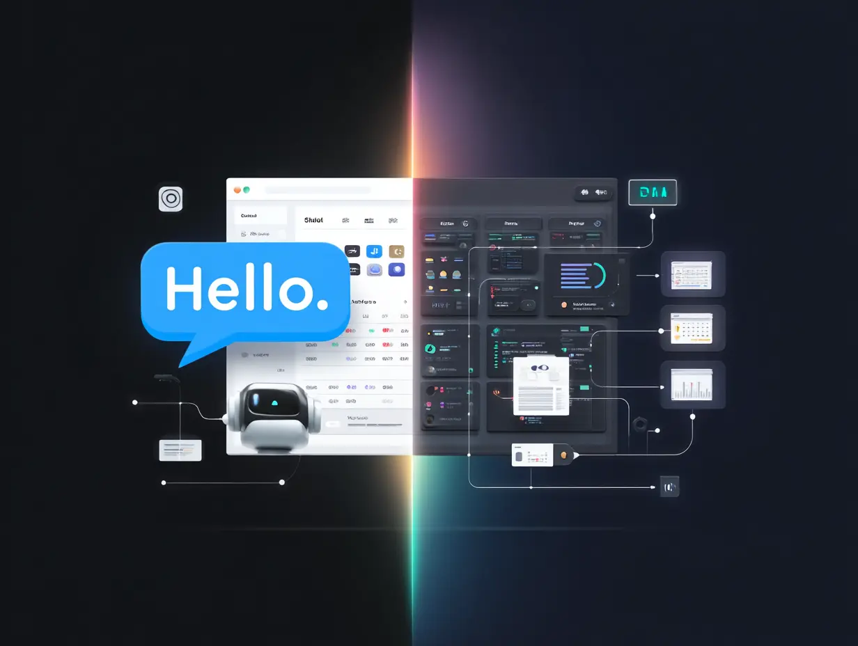 Visual comparison between a basic chatbot interface and an advanced AI agent system managing multiple workflows