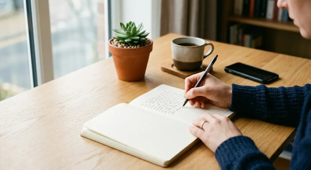 Person writing in an open notebook on a wooden desk next to a potted succulent, a cup of coffee, and a phone, with natural light coming through a window