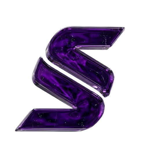 Purple glossy letter S logo for company named Sainni with a liquid glass effect and dark background