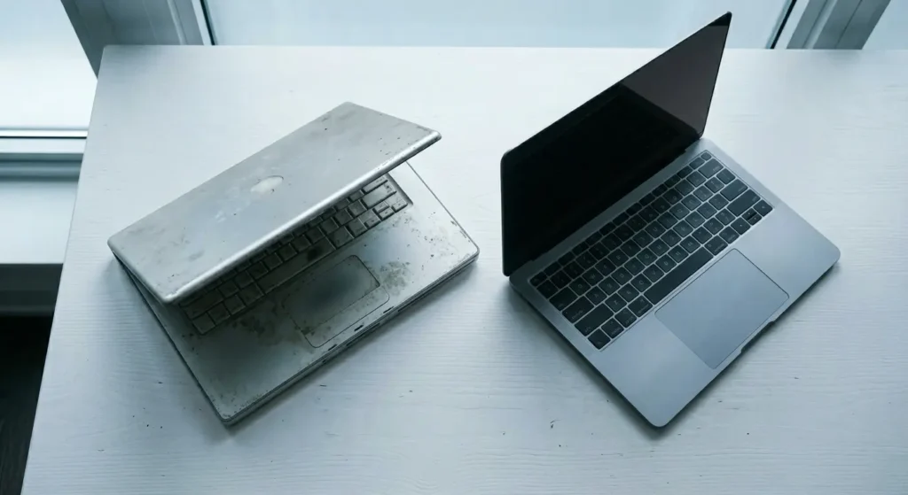 Old dusty laptop next to a clean modern laptop on a white desk, showing the contrast between an outdated and a current website
